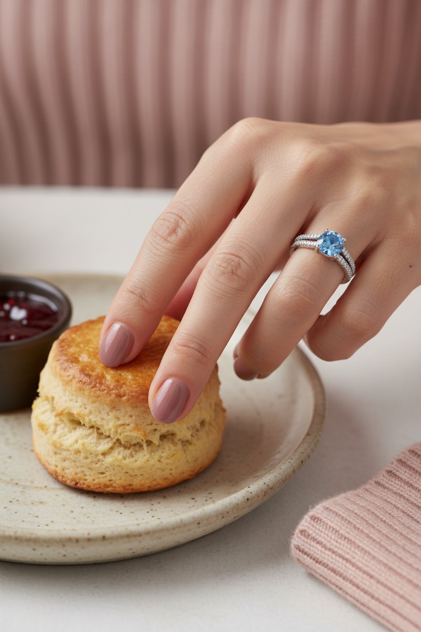 AI-generated lifestyle shot of blue topaz ring with afternoon tea